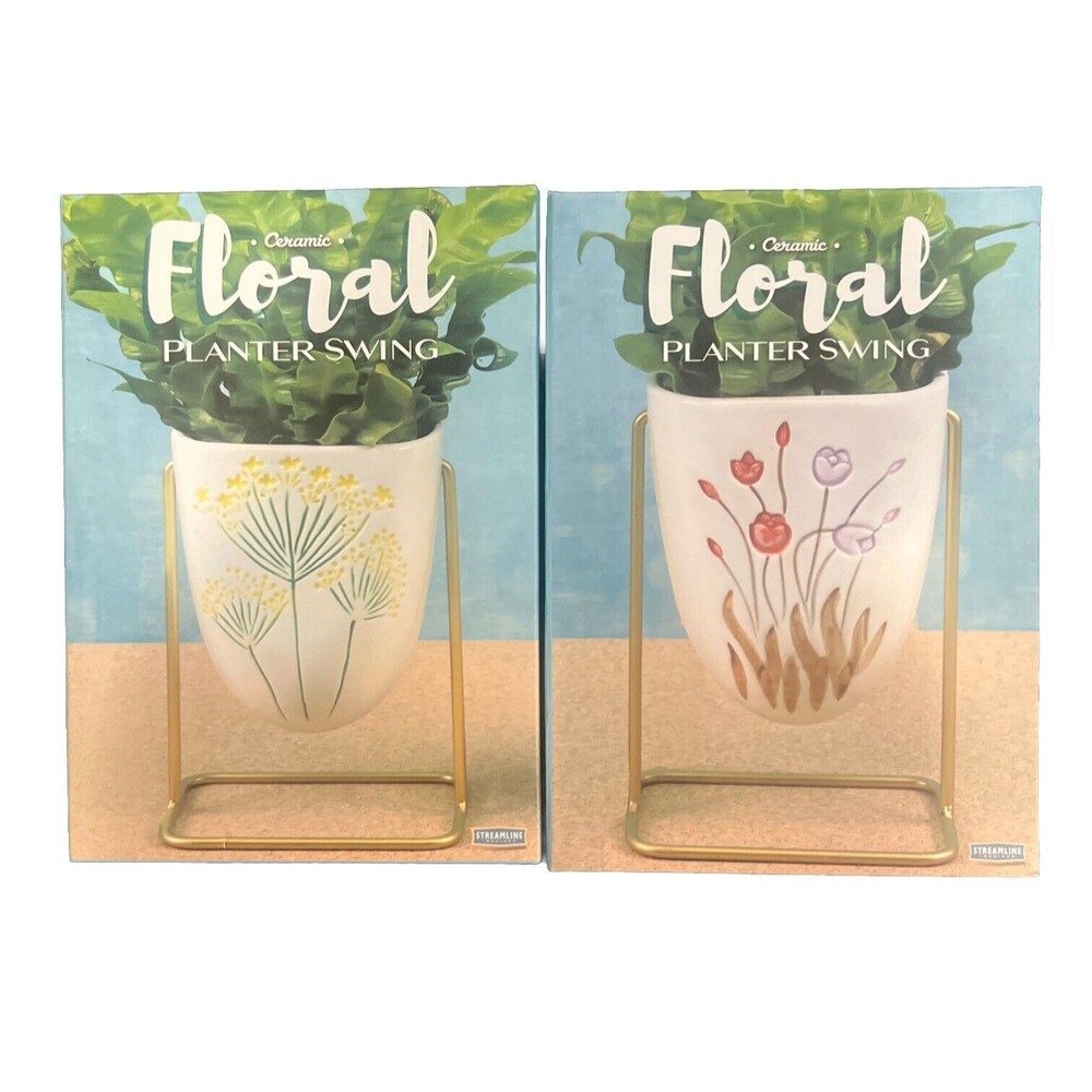 Streamline Ceramic Floral Swing & Sway Planter 2pc Lot Gifting Home Decor NIB